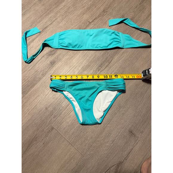 Victoria’s Secret Bikini Set Sz Sm Bandeau Top, Ruched Hipster Bottoms Teal Blue - Picture 11 of 12